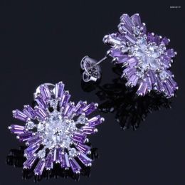 Stud Earrings Fancy Snowflake Purple Cubic Zirconia White CZ Silver Plated V0849