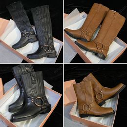 Winter Women knight Boots Designer Calfskin Pleated Real Leather Shoes Biker-style Boots Luxury Shoes Leathe Buckle Boots Square Head Boots Half Boots