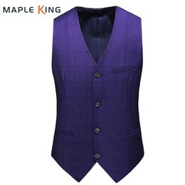 Vests Steampunk Waist Coat For Men Purple Plaid Smoking Hombre Elegante Gillet Homme Mens Slim Social Party Sleeveless Dress Suit Vest