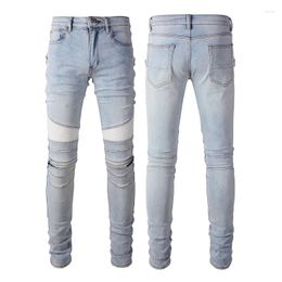 Men's Jeans Y2k Streetwear Men Slim Zipper Damaged Pleated Denim Pants Bandana Patchwork Street Skinny Stretch