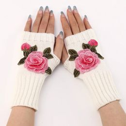 Five Fingers Gloves 2023 Autumn Winter Women s Short Fashion Embroidered Flower Knitted Wool Sleeves Warm Mittens Fingerles 231216