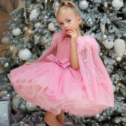 Girl s Dresses Flower Girl Pink Tulle Puffy Sequin With Bow Feather Cloak And Shoulders For Wedding Birthday Banquet Princess Gowns 231215