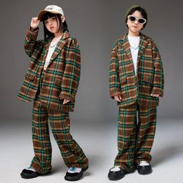 Clothing Sets Casual Children's Hit Color Plaid Blazer Suit For Teen Boy Girl V Neck Oversized Jacket Loose Pants Kids Hip Hop Outfits Clothes 231216