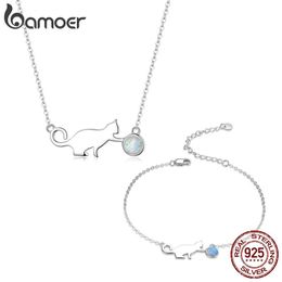 Necklaces Bamoer Sterling Sier Kitty Pussy Cat with Ball Opal Chain Necklace Bracelet Jewellery Sets Statement Jewellery Gifts Zhs193