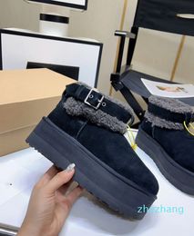 Snow boots with suede thick soles, 2023 new leather and fur integrated height increase belt buckle, short tube style, plush insulation cotton