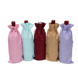 Ship 15 35cm Rustic Natural Jute Burlap Wine Bags Drawstring Wine Bottle Covers Weddings Party Champagne Linen Wine Gift Pack2196