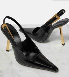 Women sandal LEE Leather slingback pumps in black and gold heeled pointed toe leathers sling back with buckle dress shoes for lady designer with box 35-41EU