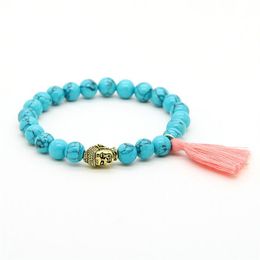 New Design Whole 10pcs lot 8mm Turquoise Stone Beads Purple and Pink Tassel Buddha Head Couple Bracelet300k