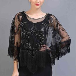 Vintage Sequin Tassel Evening Cape 1920s Flapper Party Fringed Shawl Wraps Embroidery Pullover Wedding Bridal Scarf 210819252h
