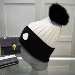 Designer Beanie Winter Brand Warm Knit Women Bonnet Woolen Black White Patchwork Pompon Hat