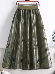 Dresses Surmiitro Pu Leather Midi Long Skirt Women 2022 Korean Fashion Green Black Hollow Out A Line High Waist Skirt Female