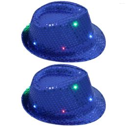 Berets 2pcs LED Luminous Jazz Hat Stage Props Flash Hats With Glitter Sequins Decor For Party (Blue)