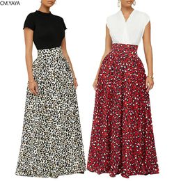 Dresses Cm.yaya Women Leopard Print High Waist Women Vintage Floor Length Skirts Night Party Beach Maxi Long Skirt