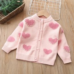 Pullover Autumn Girls' Sweater WInter Baby Girl Pearl Heart Cardigan Top Sweet Princess Fashion Children'S Knitwear 231215