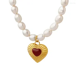 Pendant Necklaces 2023 Trend Pearl Necklace Heart Shaped For Women Red Agate Luxury Jewelry Gift Girl Bead Chain