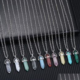 Pendant Necklaces Natural Stone Pillar Pendum Pendant Reiki Healing Crystal Necklace Hexagonal Amethyst Pink Quartz Chakras Pendo Jewe Dhmyv