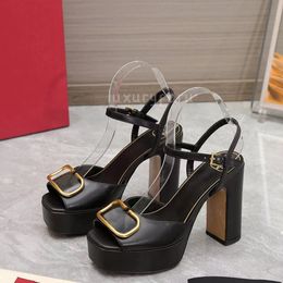 Scarpe eleganti firmate di lusso Taglia 35-42 Sandali con plateau con tacco grosso da donna Cinturino alla caviglia con fibbia Scivoli Scarpe eleganti con tacco da festa Tacco largo in vera pelle 11 cm