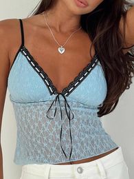 Women's Tanks Y2K Fairycore Bow Ribbon V-neck Cami Top Lace Sheer Spaghetti Straps Vest 2000s Retro Backless Crop Tops Women Streetwear