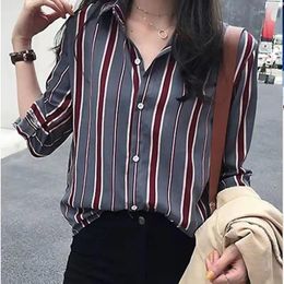 Women's Blouses Fashion Printed Lapel Button All-match Striped Shirt Female Clothing 2024 Spring Autumn Casual Tops Office Lady Blouse