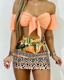 Work Dresses Fashion Women Two-Piece Set Beach Wear Knitted Off Shoulder Cropped Top Tropical Print Mini Bodycon Skirt