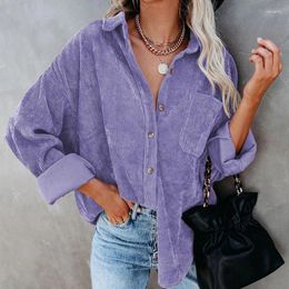 Women's Blouses Casual Warm Corduroy Blouse For Women Fashion Strip Ladies Shirt Vintage Button Clothes With Pockets Loose Tops 17787