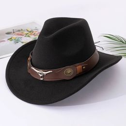 Wide Brim Hats Bucket Riveted Cowhead Accessories Cross border Western Denim Top Hat with Curved Eaves and Handsome Tibetan Ethnic Style Felt 231216