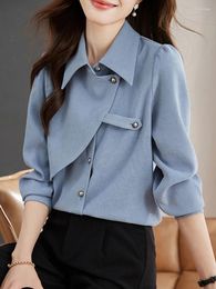 Women's Blouses Women Blue Shirt Elegant Turn-Down Collar Korean Office Lady Long Sleeve Irregular Fashion Classic Single Breasted Top