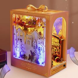 Decorative Objects Figurines DIY Book Nook 3D Wooden Puzzle Miniature Doll House Kit With Warm Light Creative Bookshelf Booknook Toy Xmas Gift Home Decor 231216