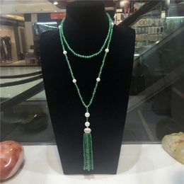 Hand knotted long natural green jade white freshwater pearl micro inlay zircon clasp tassel necklace fashion jewelry250S