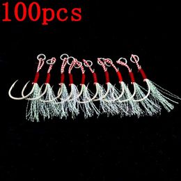 Fishing Hooks 100pcs/Lot Assist Hook Fishing Lure Slow Jigging Fish Cast Jigs Barbed Single Jig Hooks Thread Feather Pesca Carbon Steel Peche 231216