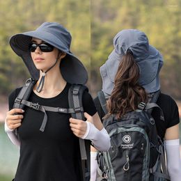 Berets Women Wide Brim Neck Guard Cap Bucket Sun Hat Summer Outdoor Fishing Hiking Uv Anti Visor Cotton Breathable Sweat-Absorbing