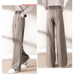 Women's Pants Elegant Pocket Women Trousers Pantalon Femme Winter Solid Office Lady Wool Suit Casual Black Straight Wide Leg 24170