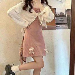 Work Dresses Women Clothing 2023 Spring Autumn Japanese Style Sweet Bow Short Dress Cardigan Two Pieces Sets Of Fashion Set