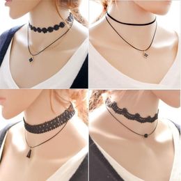 Fashion Sexy Clavicle Strap Collars Choker Bead Tassel Clover Pendant Necklace Vintage Black Lace Velvet Leather Cord Clavicle Cha294a