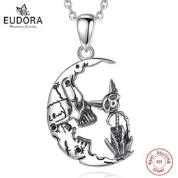 Pendants Eudora Sterling Sier Skull Moon Cat Necklace for Women's Man's Vintage Skull Cat Pendant Couple Halloween Jewellery Gift