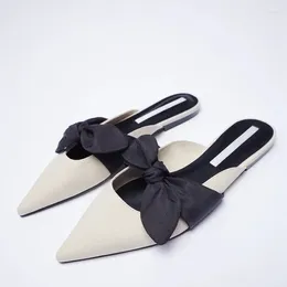 Slippers TRAF Women Low Heeled ZAZA 2023 Summer Slingback Flat Toe Sandals Pointed Beige Bowknot Temperament Muller Woman Shoes