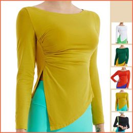 Active Shirts Side Open Fork Sport Tops Women Elastic Fitness Gym Long Sleeve Loose Breathable Yoga Tees Female Outdoor Running T-shirt