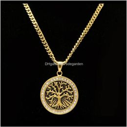 Necklaces Retro Tree Of Life Iced Out Cz Crystal Gold Plated Pendant Stainless Steel With 5Mm 27Inch Cuba Chain Necklace Fashion J231T