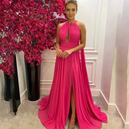 2024 Elegant Hot Pink Evening Party Dress Halter Neck Pleats Side Split Chiffion A Line Prom Formal Gown Celebrity Dresses New Arrival Robe De Soiree