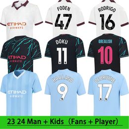 23 24 Man CityS Soccer Jersey HAALAND DE BRUYNE Football Jersey Men's Adult and Kids Player Fans Soccer Jersey Set DOKU Football Shirt Short Sleeve Classic T-Shirt