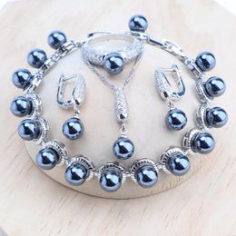 Necklace Sier Jewellery Sets Bridal Black Pearls Natural White Cz Ring Bracelets Earrings Pendants Necklace Set Women Wedding Jewellery