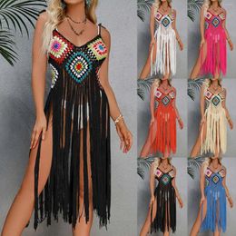 Women's Swimwear Womens Sexy Tassel Beach Mid Length Skirt Flower Block Bikini Cover Up Clothing