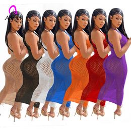 Swimwear Sexy See Through Women Bikini Cover Ups Solid Sleeveless Bodycon Long Dress 2022 Summer Holiday Mesh Beach Wear Bathing Suit