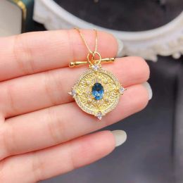 Vintage Silver Disc Pendant with Gemstone 0.7ct 5mmx7mm Natural Topaz Necklace Pendant 925 silver London Blue Topaz Jewellery