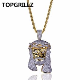 TOPGRILLZ Gold Colour Plated Iecd Out HipHop Micro Pave CZ Stone Pharaoh Head Pendant Necklace With 60cm Rope Chain274d