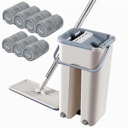 Mop With Bucket and Pad Set Wringing Microfiber Hand- Squeeze s Home Cleaning Bathroom Kitchen Floor Wet And Dry Kit 211102236k