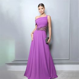 2024 Elegant A-Line Evening Prom Dress One Shoulder Pleat Beading Chiffon Formal Party Gowns Light Purple Vestidos De Fiesta Abendkleider Robe De Soiree