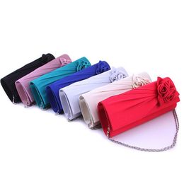 Women Satin Bridesmaid Wedding bag Rose Flower Ruched Clutch Purse Banquet Party Evening Handbags With Chain237I