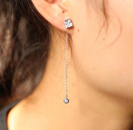 Dangle Earrings 925 Sterling Silver Square Round Cz For Women Gold Color Double Sided Long Chain Tassel Shape Cute