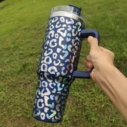 Laser leopard design 40oz tumbler designer tumblers handle lid straw 18 colors beer mug water bottle outdoor camping cup